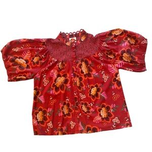 Farm Rio for Anthropologie Giustina Floral Red Puff Sleeve Blouse with Lace L